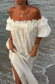 Ruby - Off-the-shoulder midi-jurk met ruches en pofmouwen en zakken